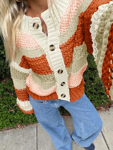 Saodimallsu Womens Striped Chunky Cardigan Sweaters Button Up Fall Trendy Color Block Long Sleeve Knit Sweater Coats3