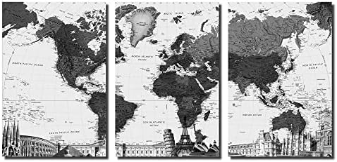 Modern World-Map Canvas Wall Art - 60x30inch Large Black-White Picture Prints and Posters for Home Office Living Room Wall Decor (Black, Large)