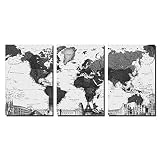 Modern World-Map Canvas Wall Art - 60x30inch Large Black-White Picture Prints and Posters for Home O