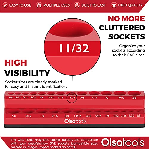 Image of Olsa Tools Magnetic Socket Organizer - 1 /4-Inch Drive SAE Socket Holder with Strong Magnets - Professional Tool Holder and Organizer - Stores up to 26 Sockets - Red - Part: 1069