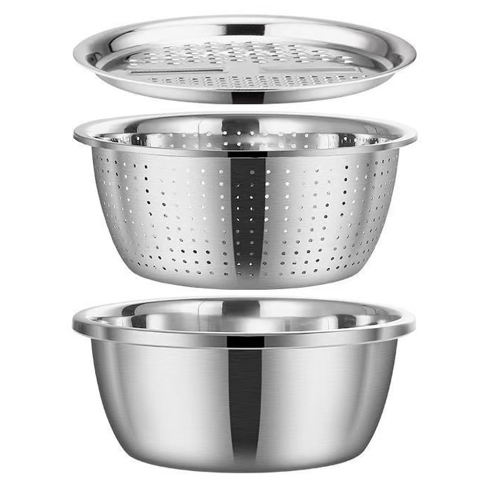 CTRLZS Vegetable Cutter Strainer and Drain Basket Three-Piece Suit Stainless Steel Basin 26cm Vegetable Cutter