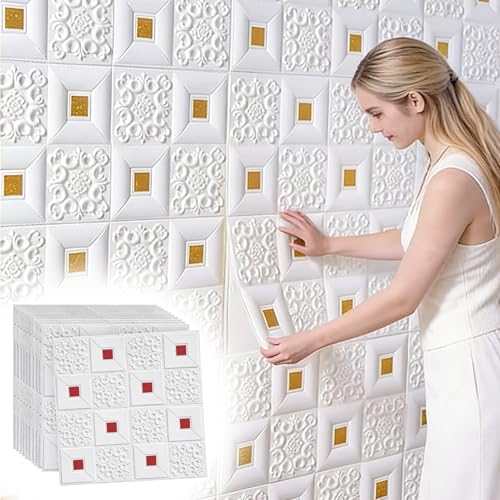 Vibeo Azulejos Adhesivos Paneles Blancos para Pared y Techo, Autoadhesivos Azulejos con Textura 3D para Salpicadero, Fáciles de Instalar, Adhesivos Flexibles para Cocina(Red,90 pcs)