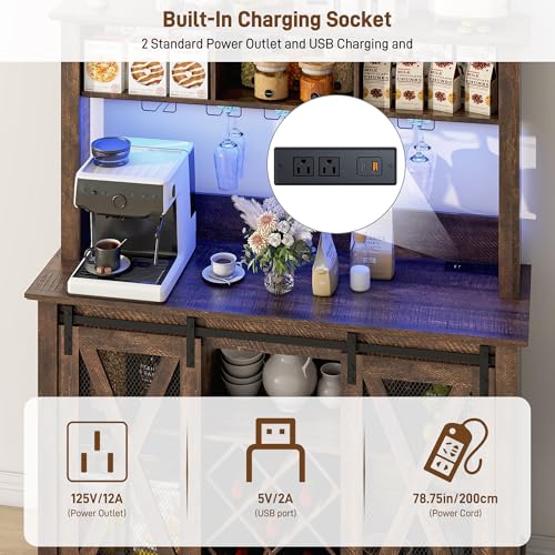 Image of 47 inchWide 56 inchH Farmhouse Coffee Bar Cabinet with Power Outlet and LED Light,Wine Bar Cabinet w /3 Storage Hutch,Kitchen Buffet Cabinet with 10 Wine and Glass Racks for Kitchen Dining Room(Brown)