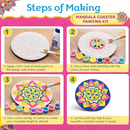 Image of Asian Hobby Crafts DIY Mandala Art Coaster Painting Kit - 6 Pre-Marked Coasters, Paint and Brush Set | Art and Craft Set for Kids & Adults (4-12 Years) Coloring Kit for Birthday Return Gift, Home & Office Activity
