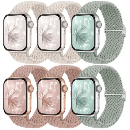 Image of 6 Pack Braided Stretchy Bands Compatible with Apple Watch Band 38mm 40mm 41mm 42mm 44mm 45mm 46mm 49mm Women Men, Adjustable Nylon Solo Loop Elastic Straps for iWatch Series 11 10 9 8 7 6 5 4 SE Ultra