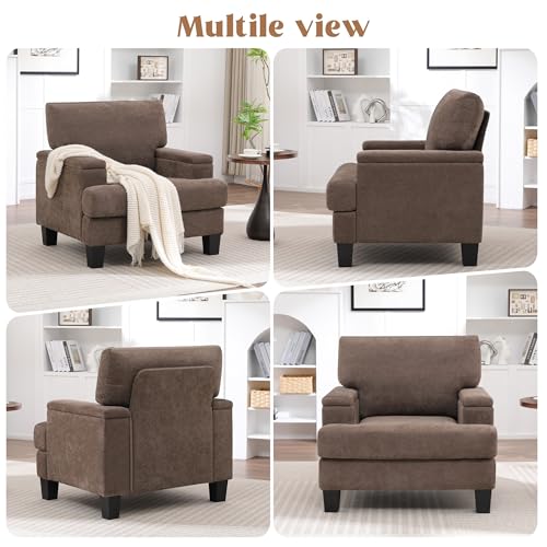 Image of Modern Upholstered Living Room Chairs, Accent Chair with Storage Armrest, Comfy Large Armchair, Fabric Single Sofa ReadingChair for Bedroom, Dark Brown