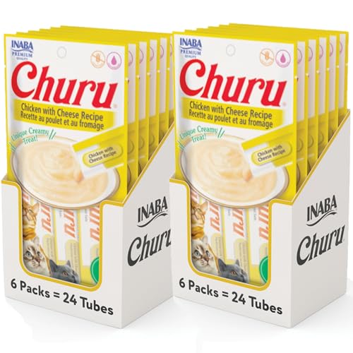 Image of INABA Churu Cat Treats, Grain-Free, Lickable, Squeezable Creamy Puree Cat Treat /Topper with Vitamin E & Taurine, 0.5 Ounces Each Tube, 48 Tubes (4 per Pack), Chicken with Cheese Recipe