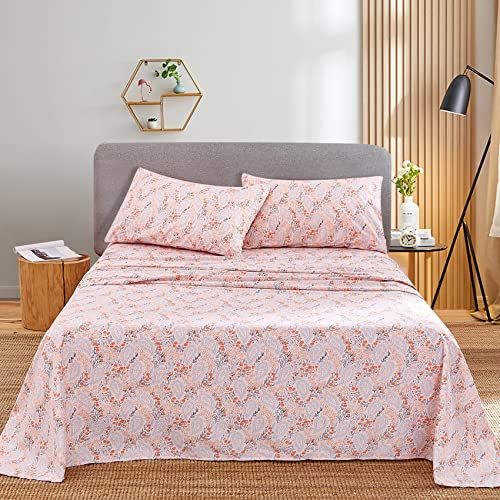 Jsd Pink Floral Sheet Set Queen Size, Blue Paisley Print Microfiber Bed Sheets 4 Piece, Soft Wrinkle Free #TOP6