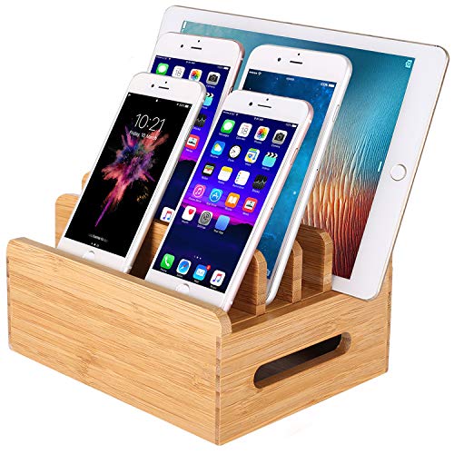 Bamboo Wood Multi-Device Desktop Dock Station Charger Holder Charging Cradle Charge Stand Compatible for iPhone 16 15 14 13 12 11 Pro Max XS XR X iPad 3 4 Mini Pro Air Samsung Huawei Smartphones
