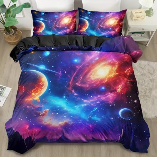 ZZTBQ Galaxy Ciel étoilé Housse de Couette 200x200 cm avec 2 Taies d'oreiller 65x65 cm Ciel éToilé Bleu - Parure de Lit 200 x 200 cm - 3D Univers planète Espace...