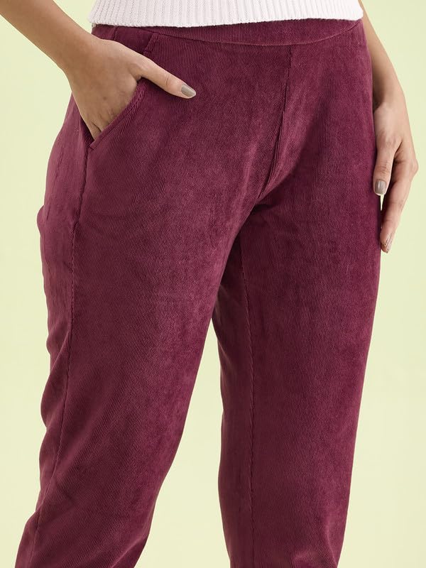 Image of GO COLORS Solid Corduroy Treggings for Women | Warmtech, Mid Rise, Side Pocket