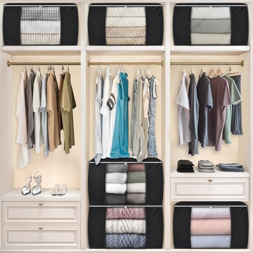 Image of Fab totes 24 Gallons Clothes Storage, Foldable Thick Fabric Blanket Storage Bags, Containers for Organizing Bedroom, Closet, Clothing, Comforter, Organization with Handle (8 Pack,Black)