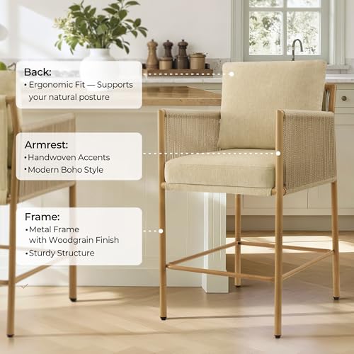 Image of CHITA Boho Rope Counter Height Bar Stools Set of 2, Modern Upholstered Bar Stools with Handwoven Rope Armrests, Metal Frame with Wood-Grain Finish, 26.4 inch Seat Height, Oatmeal