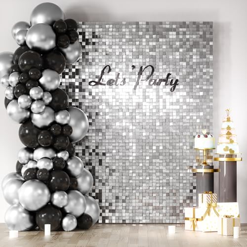 Image of COKAOBE Silver Shimmer Wall Backdrop, 24PCS Square Sequin Shimmer Backdrop Panel, Photo Backdrops for Birthday, Anniversary, Wedding, Graduation & Bachelorette Party Decoration