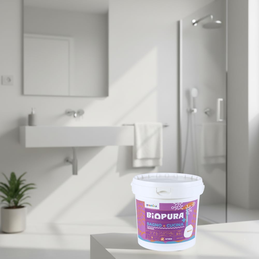 Kit Idropittura Traspirante Antimuffa Bianco Bagno Cucina 5 Litri con T-shirt Soft Chaos in Cotone, Design Malva e Terracotta (M)