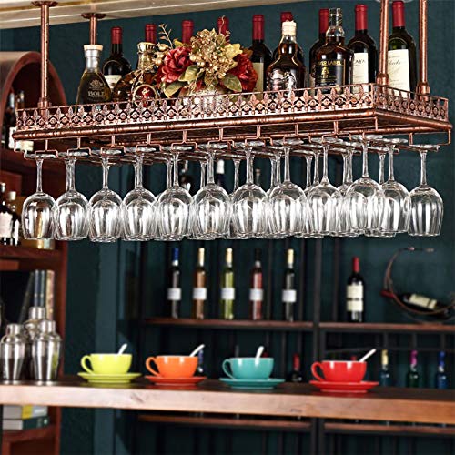FURVOKIA Industrial Vintage Metal Bar Wine Glass Hanging RackRetro Upside Down Stemware Goblet Wine Glass HolderTableware Bottle Floating Shelf for Home KitchenRed Copper 472L