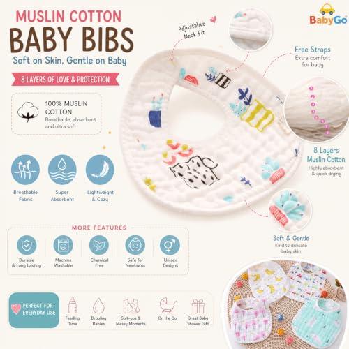 Image of BabyGo Muslin Cotton Baby Bibs | Pure Cotton 8-Layer Gentle & Breathable Feeding Bibs with Cute Cartoon Prints | Soft, Durable & Reusable Drool Bibs for Babies, Kids & Toddlers | Set of 3 (Multicolor)