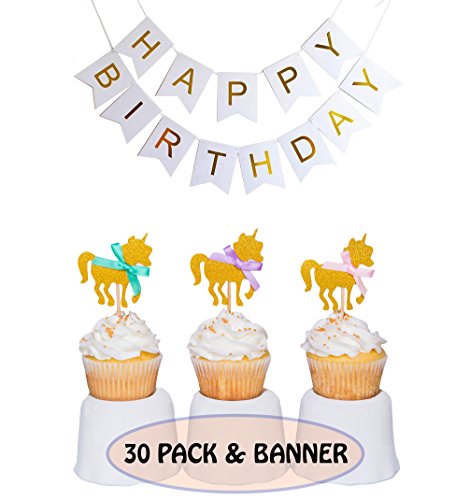 Gold Unicorn Cupcake Toppers + Happy Birthday Banner - Set of 30 | Girl's Party Supplies + Cake Decorations
