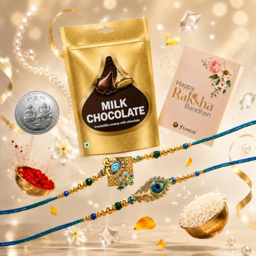 Image of Frostick Rakhi Gift Set for Brother with Kisses Chocolate Includes Set of 2 Premium Rakhis Card and Tikka Ideal Raksha Bandhan Combo for Bhaiya Boys, Kids and Men