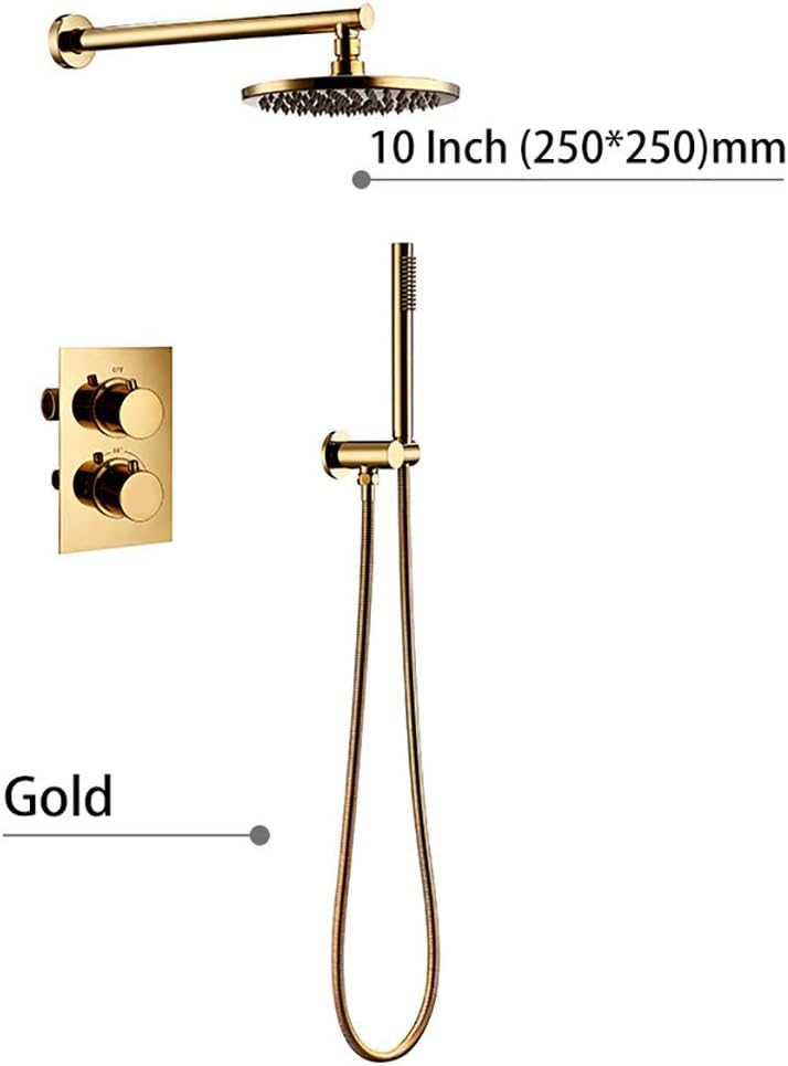 Wall Mounted Titanium Gold Brass Thermostatic Valve Bathroom Shower Taps Set with 8-12 Inch Round Rainfall Shower Head and Handheld Shower, Luxury Shower Set,10 Inch,10 inch