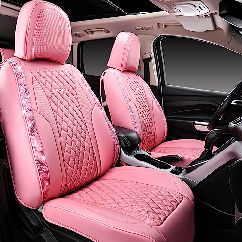 CAR PASS Bling Pink Nappa Leather Car Seat Covers for Front Seats, Waterproof Heavy-Duty Anti-Slip, Universal Fit for 95% Auto SUV Sedan Truck, Glitter Sparkly Shining Rhinestone, Pink Leather Diamond by CAR PASS - Used condition - US$55.22