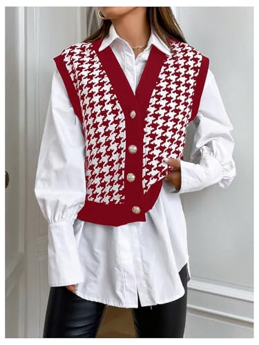 Image of Verdusa Women's Button Front V Neck Sleeveless Houndstooth Print Knitted Sweater Vest Burgundy Medium