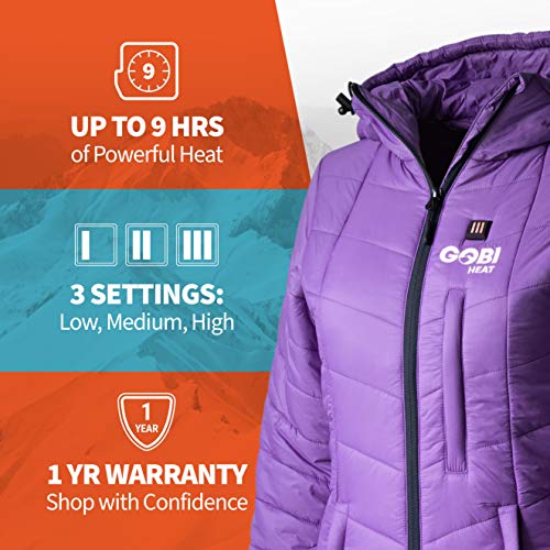 Victoria Women’s Long Puffer Heated Jacket - 9 hrs of Heat | 5 Heat Zones | with Battery & Charger | Machine Washable | All Day Warmth | XL Plum3