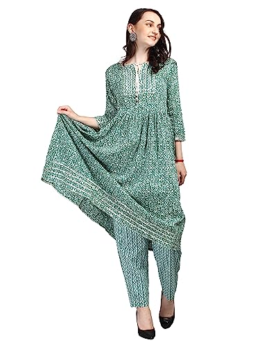 Image of Women's Green 100% Pure Cotton Flared Kurta Pant Set With Big Size Dupatta