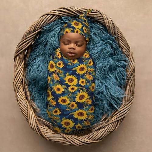 Image of Yellow and Blue Sunflower Newborn Swaddle Blankets Hat Sets Soft Baby Receiving Blanket Swaddle Sack for Baby Shower Infant Boy Girl Gift