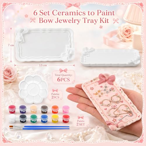 Image of Zubebe 6 Set Ceramics to Paint Rectangle Bow Jewelry Tray Kit Ready to Paint Ceramics Ring Dish Holder DIY Unpainted Plate Trinket Dish Tray Crafts with Brush Palette for Mothers Day Valentine Wedding