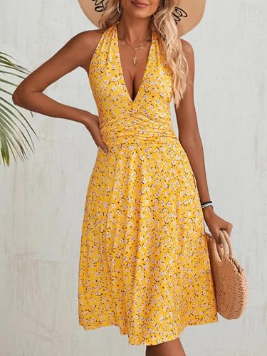 HUHOT Women's Summer Sundress Sleeveless Halter Neck Spring 2025 Floral with Pocket Elastic Waist Ruffle Mini Dresses4