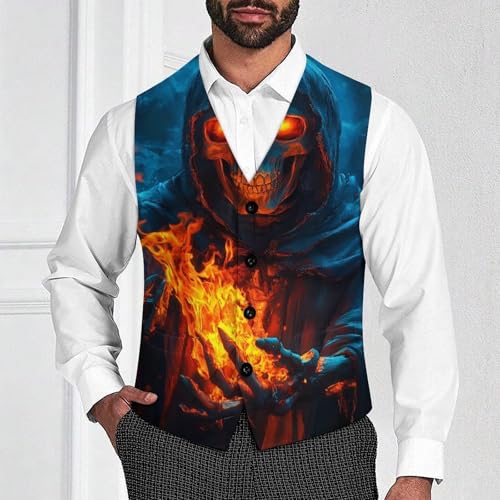 Hooded Skeleton Holding Fire Suit Vest for Men Slim Fit Sleeveless Jacket V Neck Business Waistcoat Button Up Dressy Top4