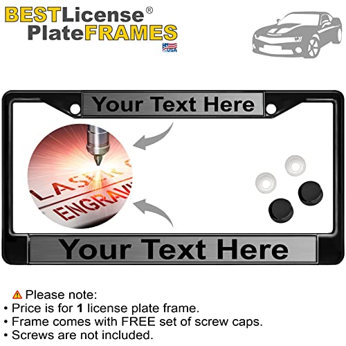 Image of Custom Personalized Black Powder-Coated Metal Laser Engraved Standard Size - Car /Automobile License Plate Frame with Free caps - Steel /Black Text (Qty: 1 Frame)