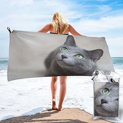 DADABULIU バスタオル 薄手 ボディタオル ビーチタオル 大判 ロシアンブルー ネコ 猫 猫柄 灰色 マイクロファイバー 速乾 ふわふわ 高速吸水 サイズ:70cm×140cm 収納袋付き ループ付き 家庭用 旅行 かわいい おしゃれ
