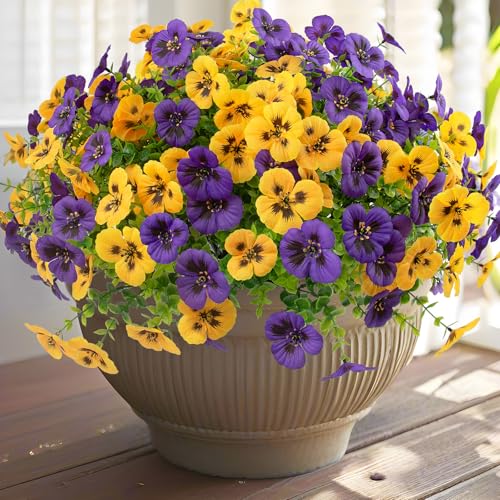 Rowfad 18 Pcs Artificial Fake Pansy Flowers for Outdoor Faux UV Resistant Silk Pansies Flowers for Outside Planter Front Door Porch Yard Patio Window Box Home Decor (18 Yellow Purple)