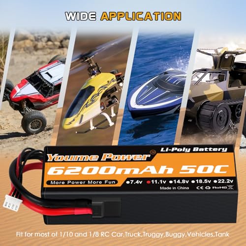 Youme 3S Lipo Battery 6200mAh 50C 11.1V Hard Case RC Battery with TR Plug for RC Car Truck Buggy Boat Airplane UAV Drone FPV(2 Packs) by Youme Power - Image 2