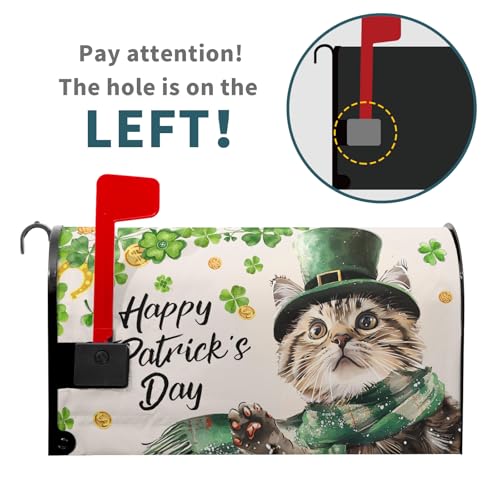 Image of Patrick Cat Magnetic Mailbox Cover 25.5x21 Inch Happy St. Patrick's Day Clover Shamrocks Kitten Mailbox Wrap Post Cover Standard Size for Garden Yard Outdoor Outside Patio Holiday Decor