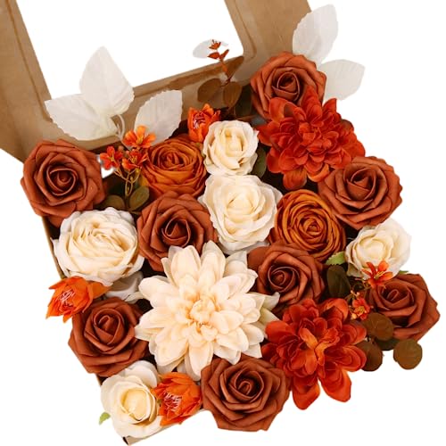 LITOYNAN Artificial Flower Box Set Silk Flowers Rose Faux Flowers with Stems for DIY Bridal Wedding Bouquets Centerpieces Arrangements Table Decor Baby Shower Party Home Decor (Chic Terracotta Rust)