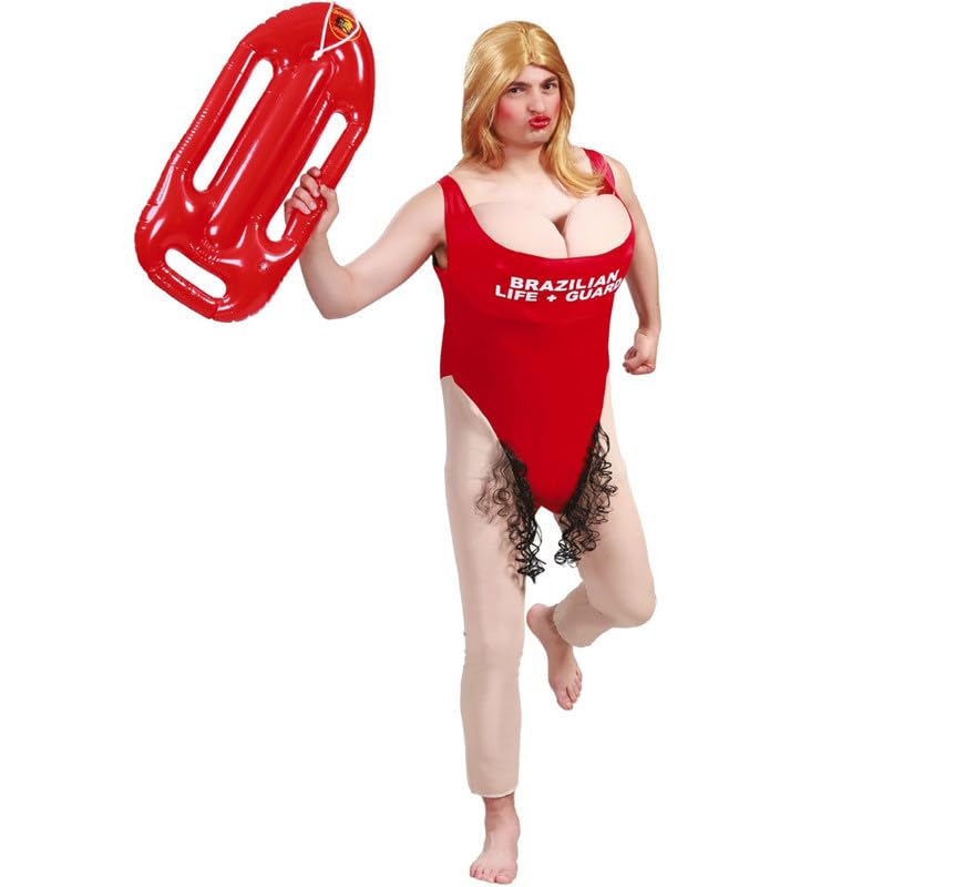 ZZ DISFRAZZES Kit Disfraz de Vigilante de la Playa con accesorio para hombre - Disfraz para adultos de Socorrista con Salvavidas para Fiestas, Carnaval y Despedidas de soltero - Rojo