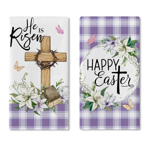 Uruney Happy Easter Christian Kitchen Dish Towels Set of 2, Religious He is Risen Cross Purple Plaid Drying Hand Towels Baking Cooking Cloth, Spring Lily Bible Farm Home Kitchen Decoration 18 x 26