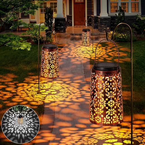Image of JSOT Solar Lantern - Hanging Solar Lights Outdoor Waterproof, Metal Lantern Decorative Solar Powered Patio Decor for Garden Yard Backyard Porch Table Pathway Tree Lighting, Cool /Warm Light, 2 Pack