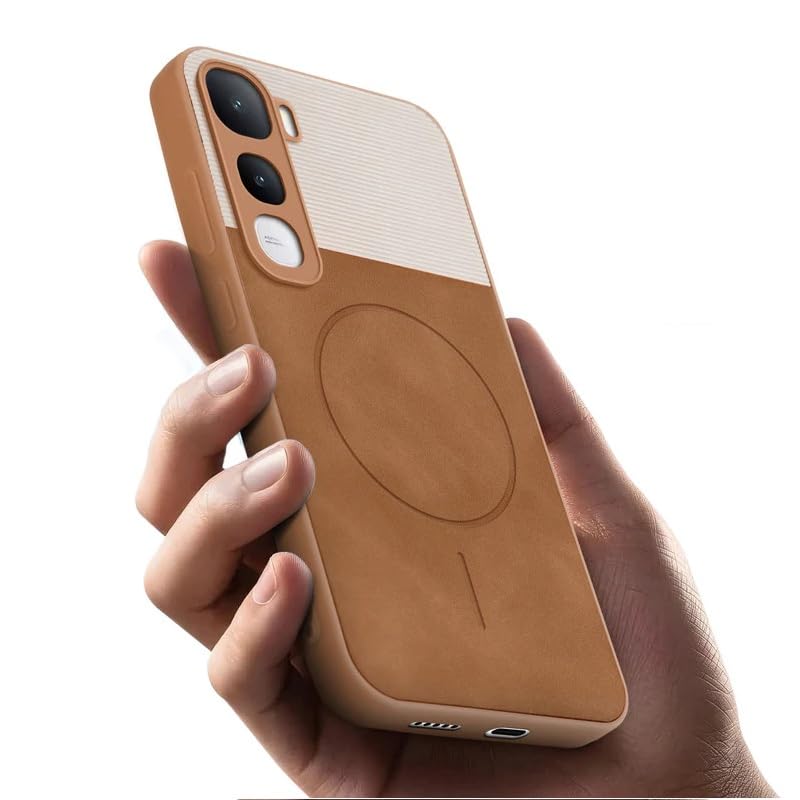 Image of Bintage case Dual-Leather Macc-Safe Design Phone Case| Soft Touch Finish | Full Camera Protectection Back Cover Compatible for Vivo V2506 / Vivo Y400 5G - White & Nut Brown