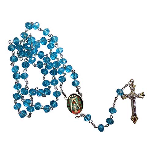 Saint Apollonia Patron of Dentists and Sufferers from Dental Disease Aquamarine Crystal Faceted Rondelle 8mm Beads Rosary with Silver Plated Crucifix and Medal Centerpiece Includes a Prayer Card