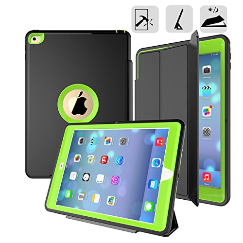 iPad Air 2 Case, 3 In1 PC + TPU + Leather Hybrid [Stand] Shockproof Protective Cover Case with Auto Wake/Sleep for Apple Ipad Air 2 with Screen Protect,Color (Green)