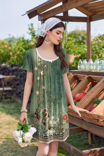 Image of Ekouaer Nightgowns for Women Pleated Sleep Shirts Short Sleeve Night Shirts Lace Trim Night Gown Ladies Sleep Dress