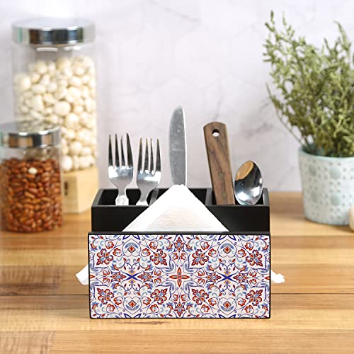 Image of Reinvention Factory Wooden Cutlery Holder I Countertop Organizer - Spoon Fork Knife Napkin Tissue Paper I Desk Supplies Pencil Pen Stationery Stand I Home & Kitchen I Size 7 inch X 5 inch X 4 inch Turkish Mandala