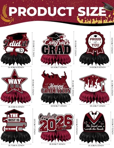 Image of Graduation Table Decorations, Red Black Honeycomb Centerpiece Glitter Graduation Centerpieces for Tables Congrats Grad Table Toppers Congratulate for Class of 2026 Grad Party Supplies, 9Pcs