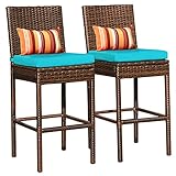 Sundale Outdoor Bar Stools Set of 2, 2 Piece Woven Wicker Bar Stools Armless, Patio Bar Chairs with Pillow & Blue Cushion, All-Weather Outdoor Patio Furniture - Steel, Brown