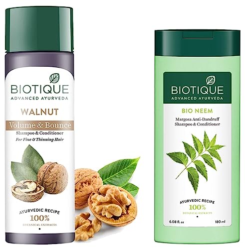 Biotique Bio Neem Margosa Anti Dandruff Shampoo and Conditioner, 180ml & Biotique Bio Walnut Bark Fresh Lift Body Building Shampoo For Fine & Thinning Hair, 190Ml