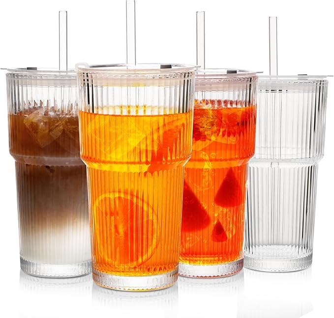 20oz Ribbed Glass Tumblers with Lids and Glass Straws -4-Piece Set Thickened for Iced Coffee Smoothies Cocktails and